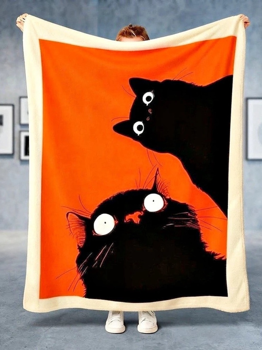 Spooky Black Cat Peeking Orange Graphic Sherpa Fleece Blanket